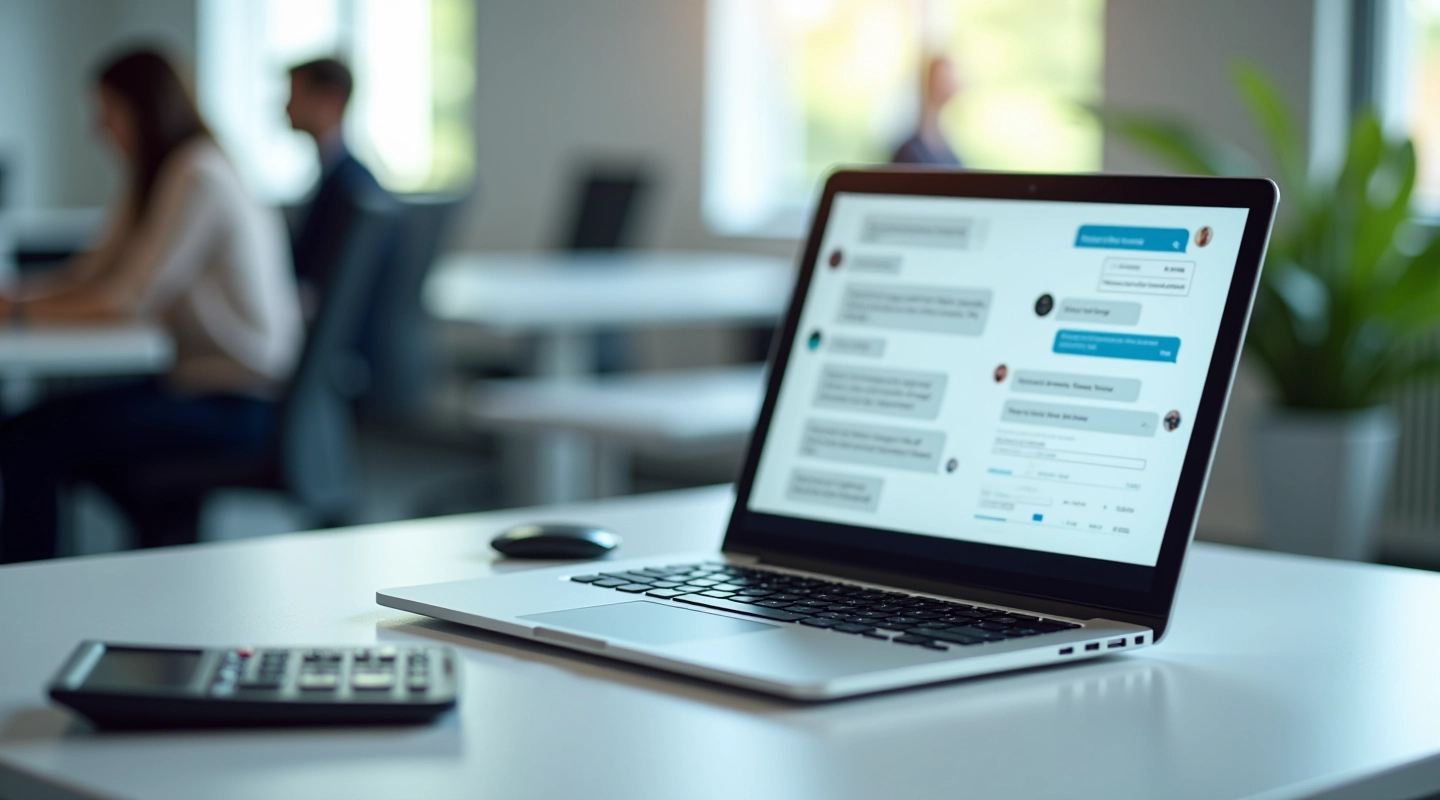 Finance professional at desk working with laptop displaying financial data